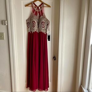 Burgundy red beaded ball gown